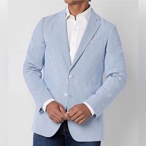 NWT Stafford Seersucker Sport Coat Mens 46 L Blue White Stripe Blazer $168